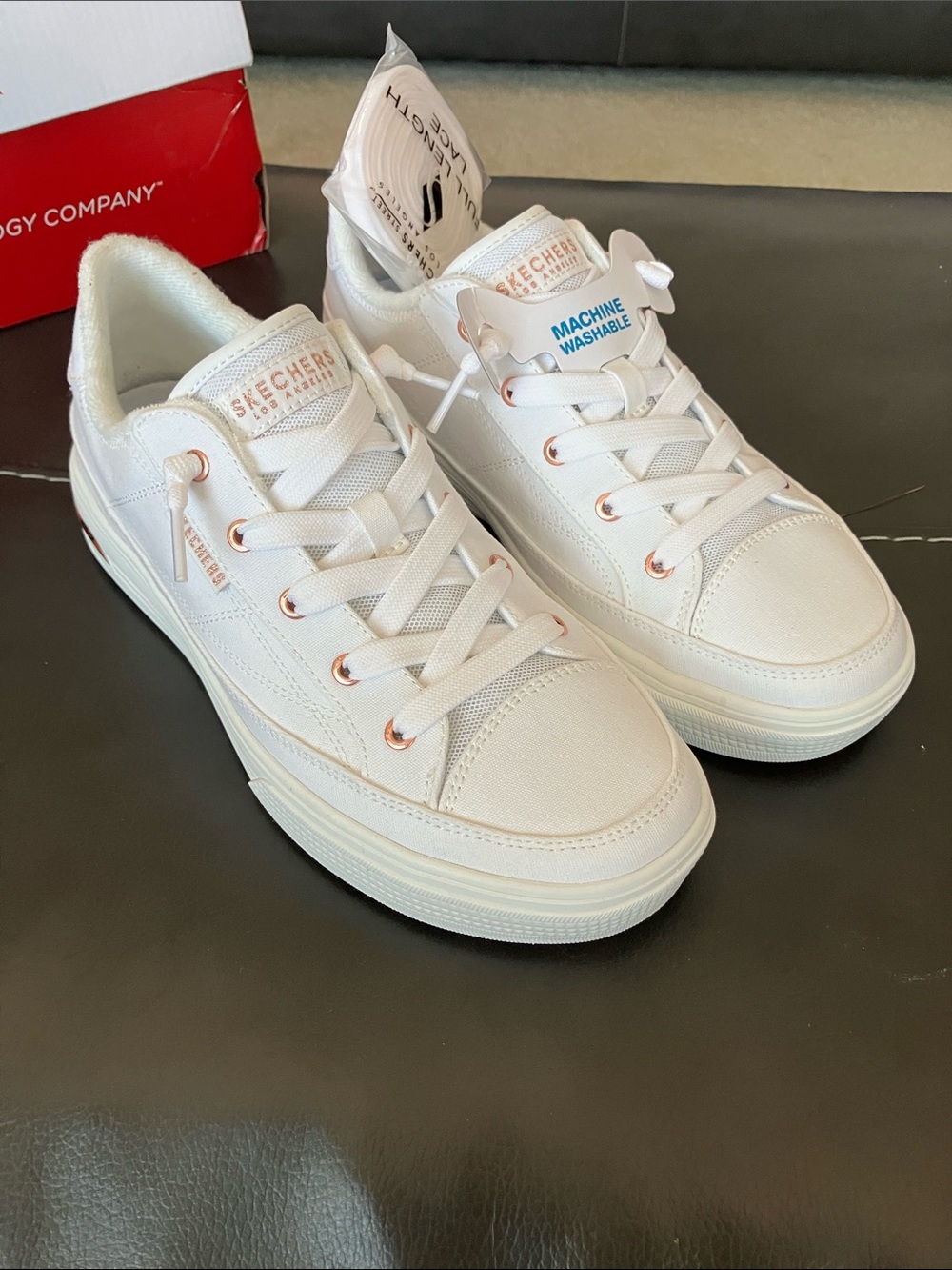 Skechers White Canvas Sneakers with Rose Gold Accents reduced from $65